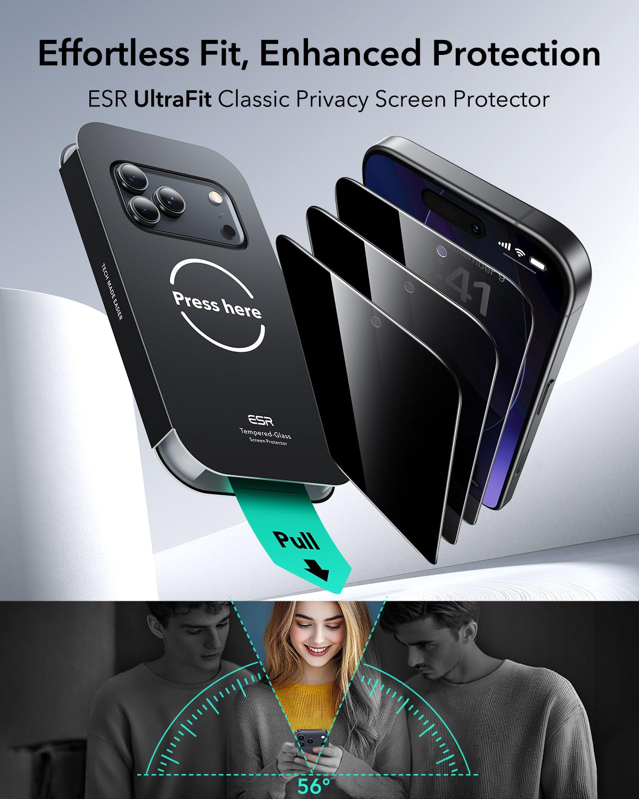 ESR Privacy Pellicola Vetro per iPhone 17 Pro, Qualità militare, Infrangibili, Con durezza 9H e protezione della privacy, Complete di supporto UltraFit, 3 Pezzi