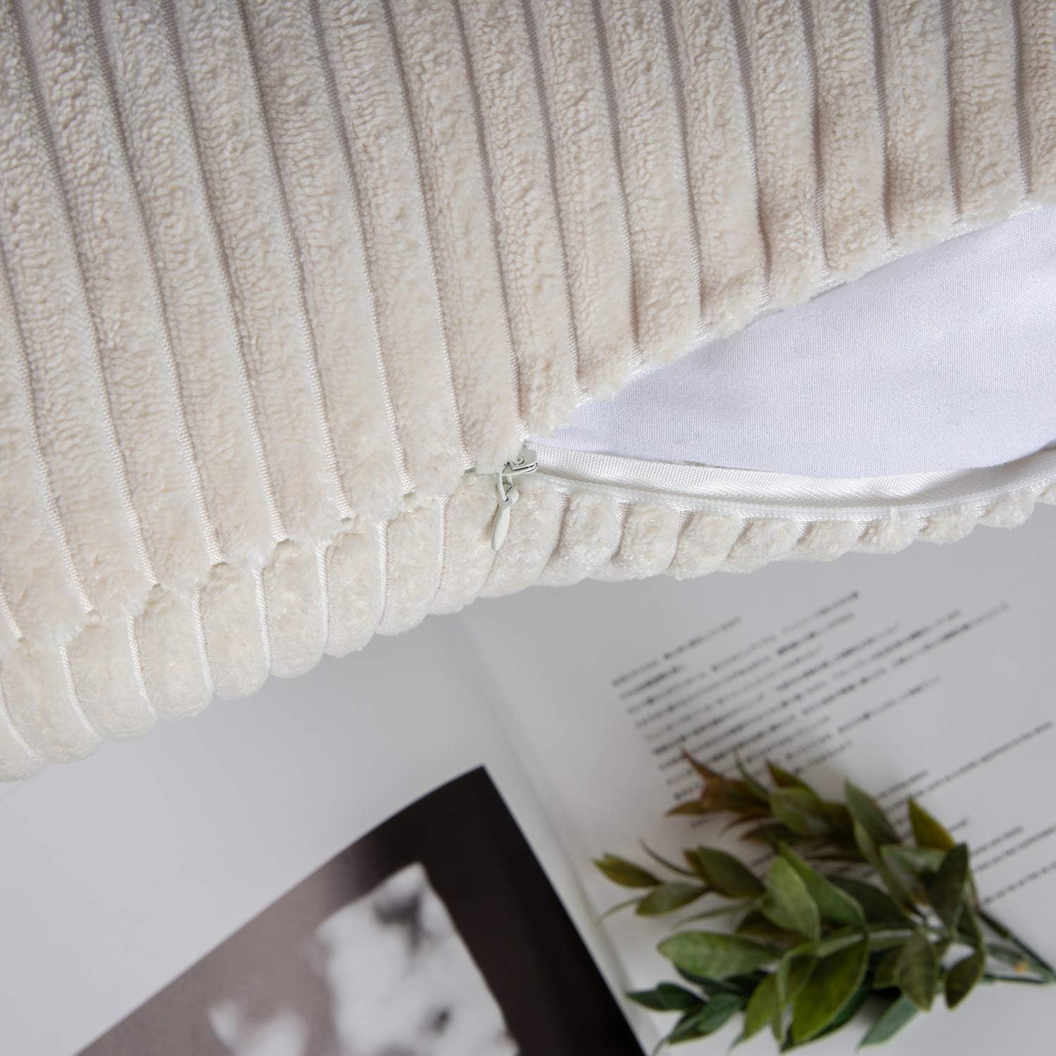 Ashler Pack of 2 Corduroy Soft Velvet Striped Solid Square Throw Pillow Covers Cushion Cases 20 x 20 inch Off-White