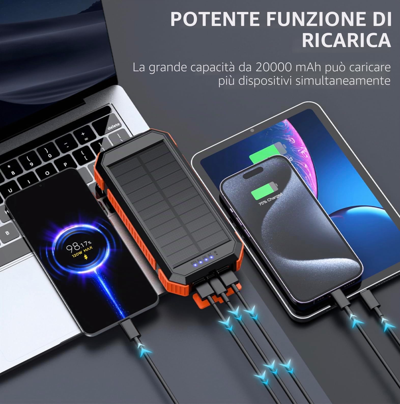 Power Bank Solar 20000 mAh con ricarica wireless - Batteria esterna impermeabile con pannello solare, ricarica rapida USB e USB-C, torcia e bussola - caricabatterie portatile per iPhone, Samsung