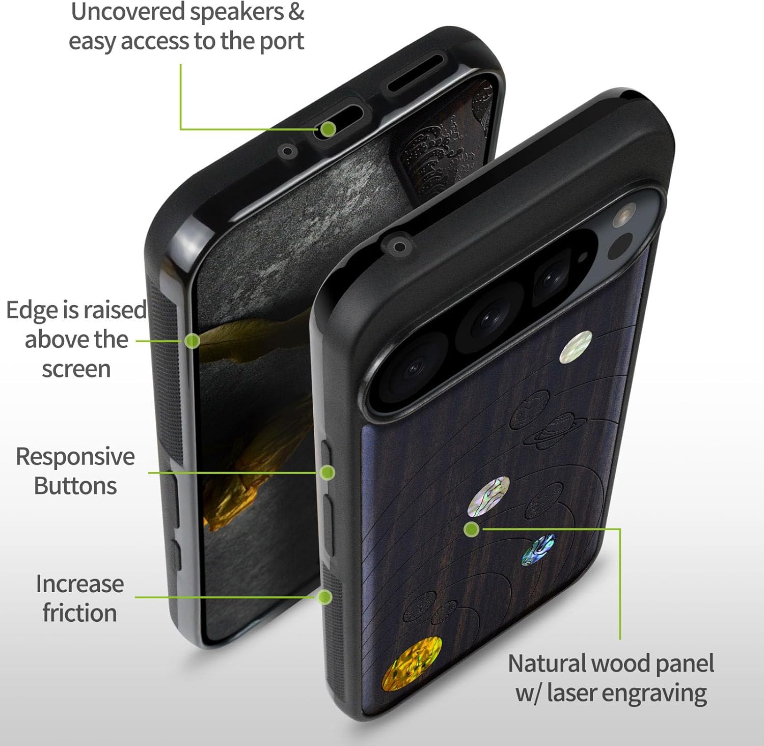 Carveit Magnetic Wooden Case for Google Pixel 9 Pro XL Case, Wood Artisan Engraved & Handmade Shell Inlaid, Compatible with MagSafe Wireless Chargers, Solar System - Blackwood