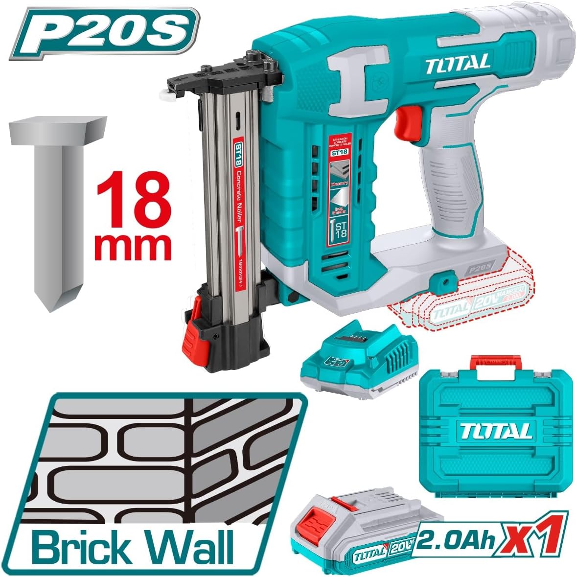 Side view of the TOTAL TCSTLI3808 Cordless Concrete Nailer, highlighting its design.