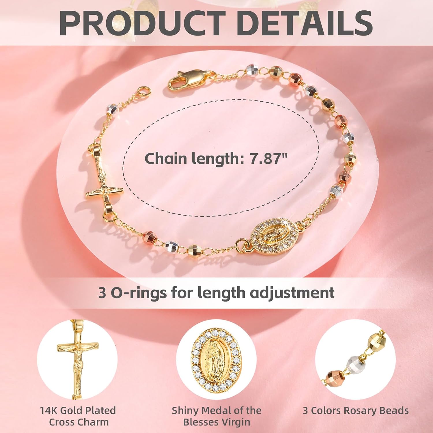 Catholic Crucifix Gifts Rosary Bracelet for Women-14K gold plated Virgin Mary Jesus Cross Charm Link Chain, Dainty Virgen de Guadalupe Religious Gift for Confirmation Baptism First Communion Easter - Image 3