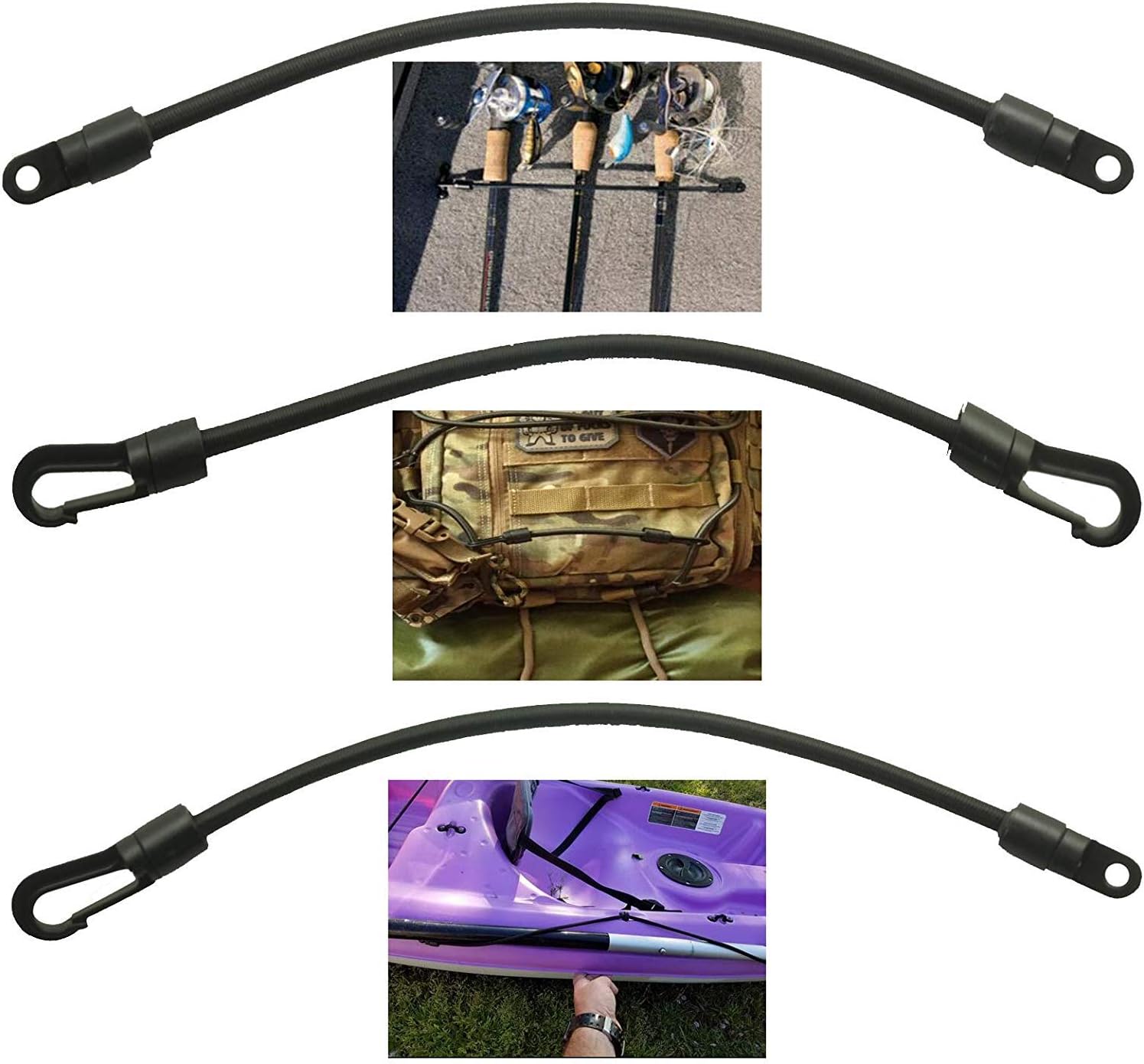 （pack of 3）, Gunwale/Deck Mount Retractable Rod Tie-Down,Fishing Stretch Rod Tamer Straps Pole Holder Deck Mount Connector, Lashing Straps Shock Cord Hook Kayak Bungee rope Camping,Marine Nautical Use