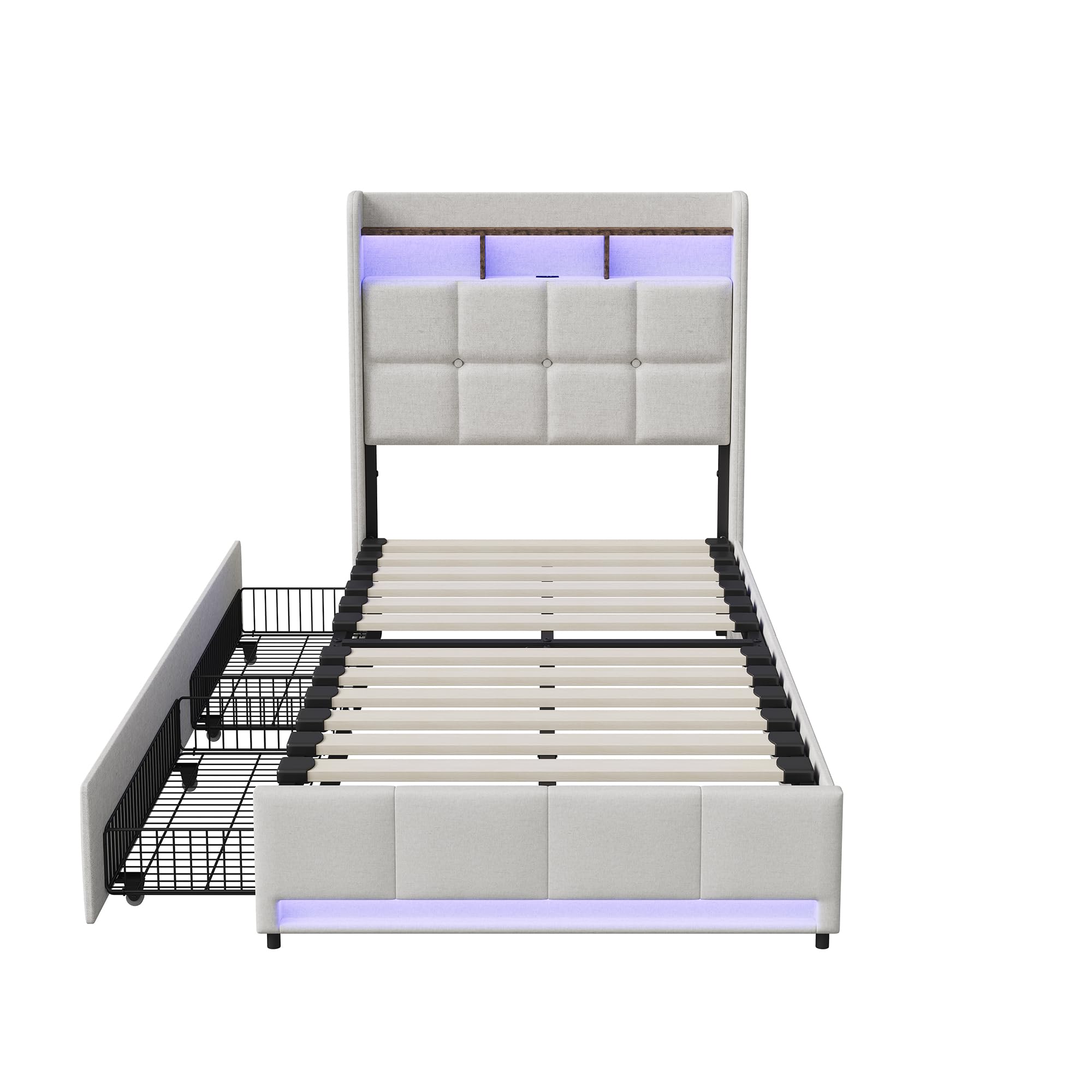 Letto singolo 90 x 200 cm con 2 cassetti, letto imbottito con testiera LED e USB/tipo C, letto per ragazzi 90 x 200 cm, struttura letto con cassetti e rete a doghe