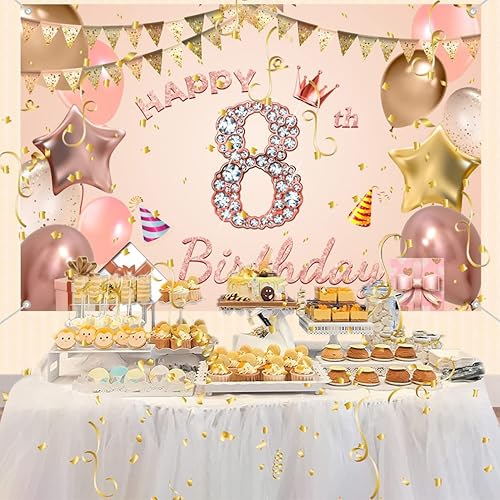 Miniatura 3 de Cartel de tela para decoración de cumpleaños número 8 para niñas de 8 años, cartel de tela para fiesta de cumpleaños de niña, fondo de foto rosa