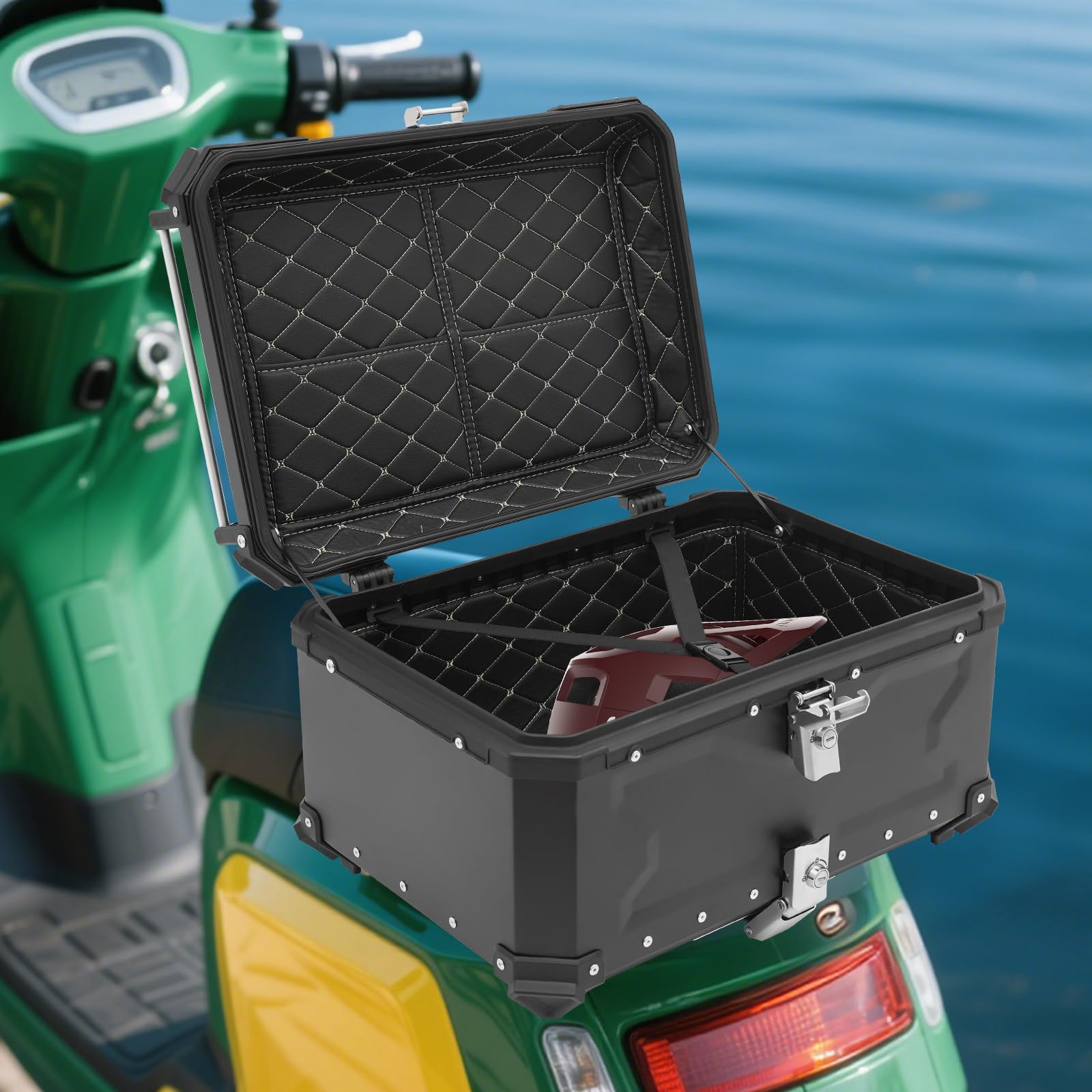 Motorrad-Topcase schwarz, Motorradkoffer aus Aluminiumlegierung mit Schloss, wasserdichte Heckbox mit PU-Futter, 2 Schlüsseln, Reflektoren, bis 10 kg für Motorrad Touren (65L-Variante)