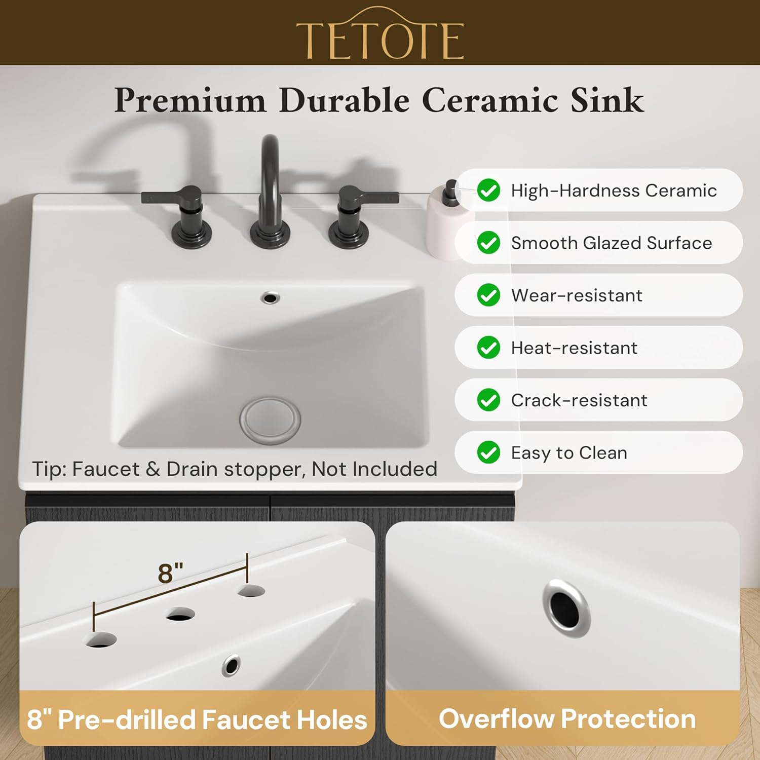 TETOTE Bathroom Vanity with Sink 24 Inch Black Single Bathroom Vanity Cabinet SPC Aluminum Honeycomb Panel U-Shaped Shelf Inside for Modern Farmhouse, Assembly Required