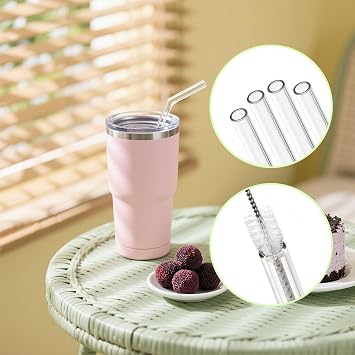 8pcs Glass Straws for Stanley Cup 30oz/40oz, Extra Long 31cm Reusable Straws - 4 Straight + 4 Curved with 2 Cleaning Brushes, Transparent Washable Straws for Stanley Tumbler & Water Bottles