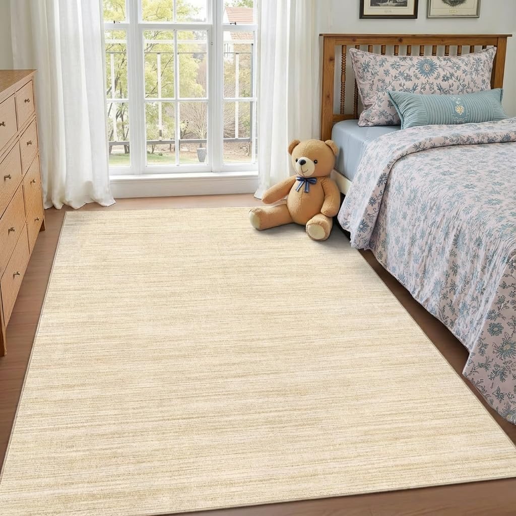 Garvee Kids Rugs for Bedroom 8x10 Washable Rug Non Slip Non Shedding Solid Color Carpet Stain Resistant Low Pile Neutral Rug Foldable Thin Contemporary Mats for Dining Room Living Room, Camel