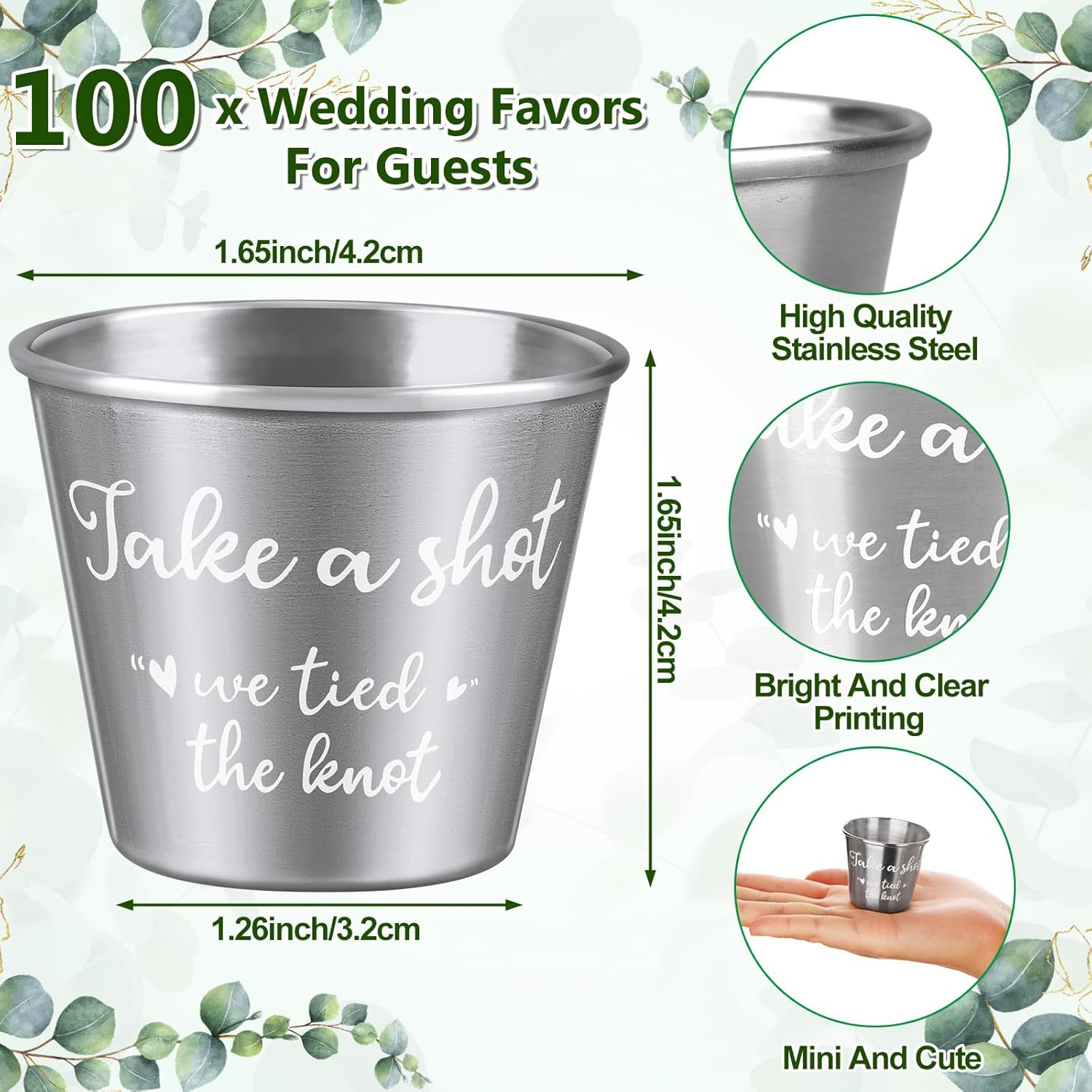 100 Set Wedding Favors for Guests Bulk Includes 1.5 oz Stainless Steel Shot Glasses, Thank You Cards with Organza Bags for Guest wedding Favors Set for Wedding Newlyweds Bridal Shower Gifts