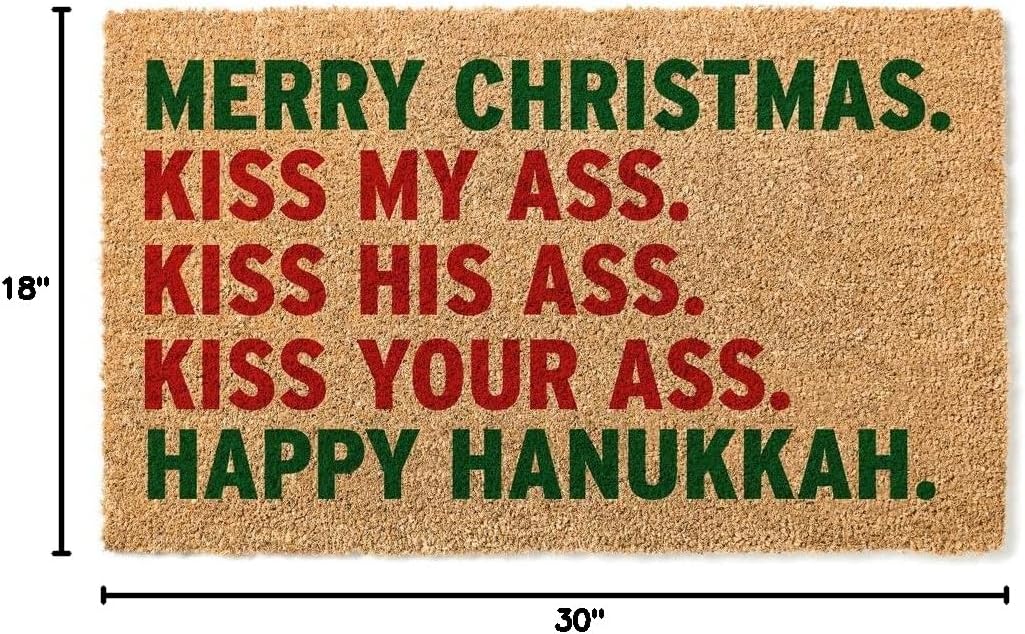 Merry Christmas Kiss My Ass Happy Hanukkah Door Mat | Funny Christmas Welcome Mat STK 1586