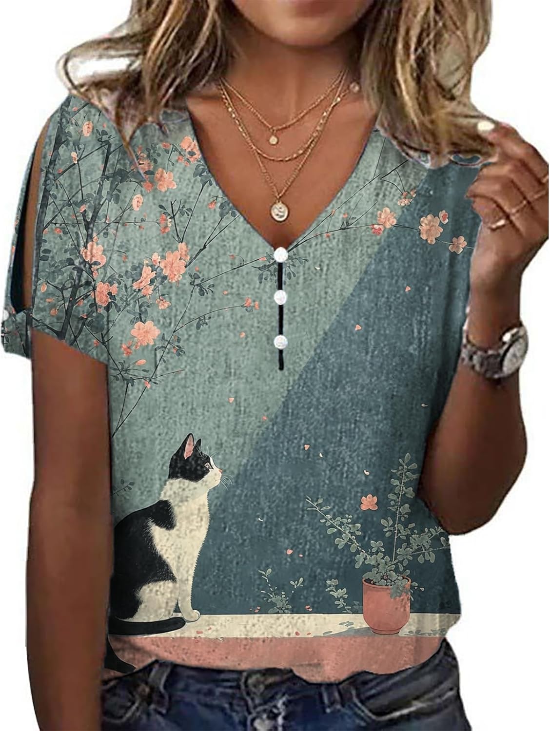 Japanese Art Tops for Women Wave Print Short Sleeve V Neck Cold Shoulder Casual 202...