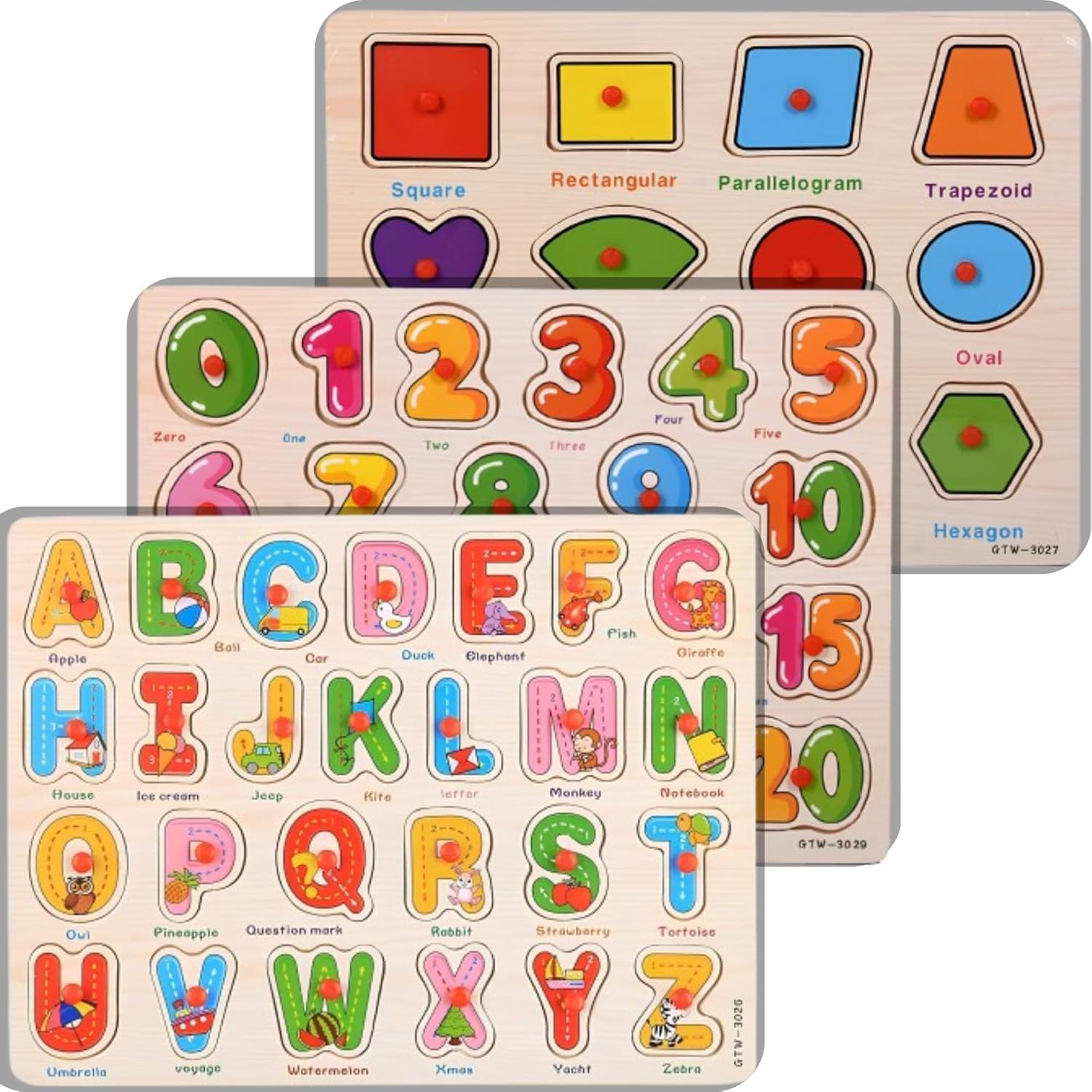 5-Pack | Alphabet, Numbers, Shapes, Vehicles & Fruits Wooden Puzzles for Toddlers 3-5 Years Old – ABC, 1-20, Shape, Vehicle & Fruit Learning Toy with Puzzle Board & Blocks, Educational Toy Gift