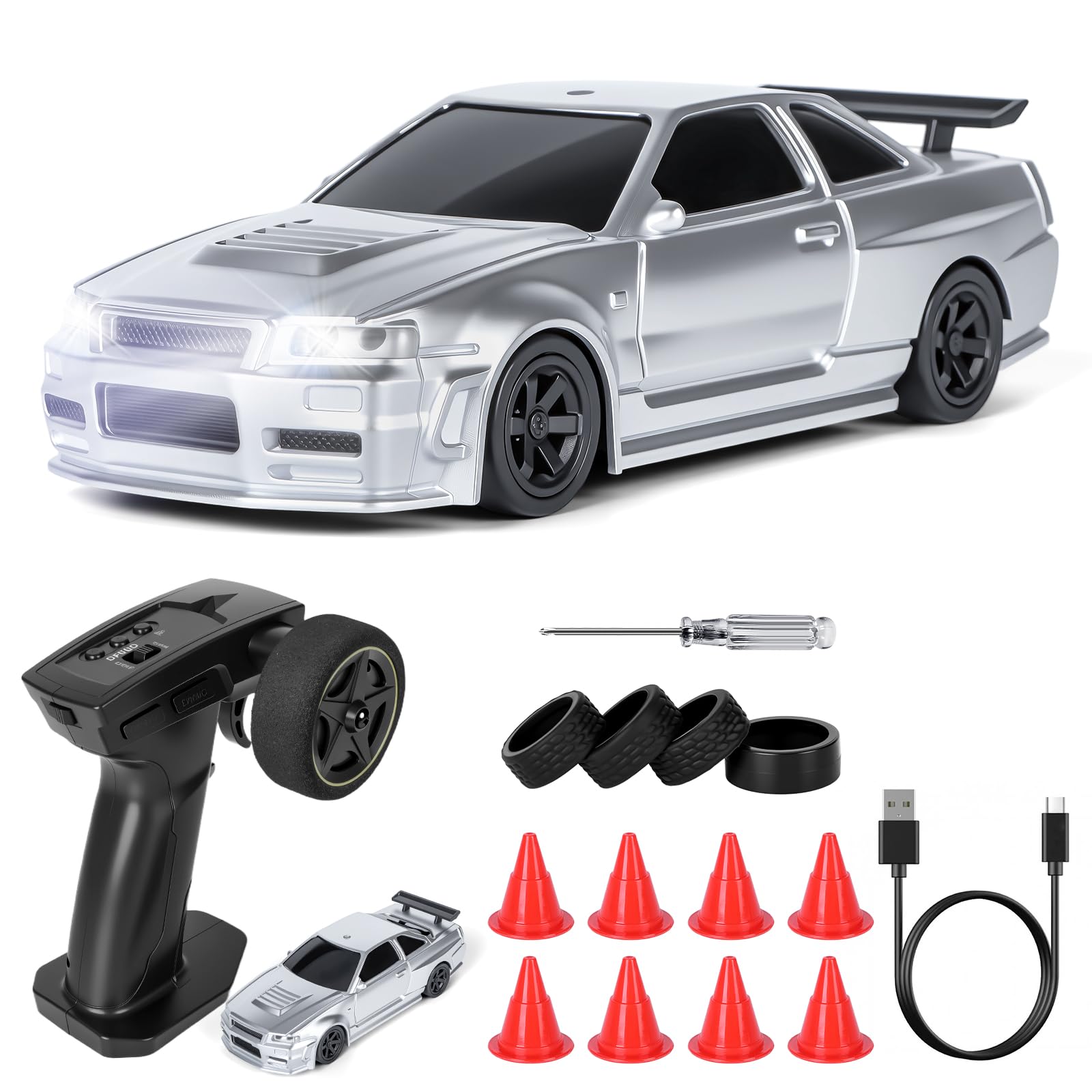 JONRRYIN RC Auto Drift 1:43, Macchina Telecomandata Drift, Mini Drift Car, Micro Macchina Telecomandata con Luce LED, 15km/h, Auto Giocattolo per Bambini di 14 Anni (Grigio - Standard)