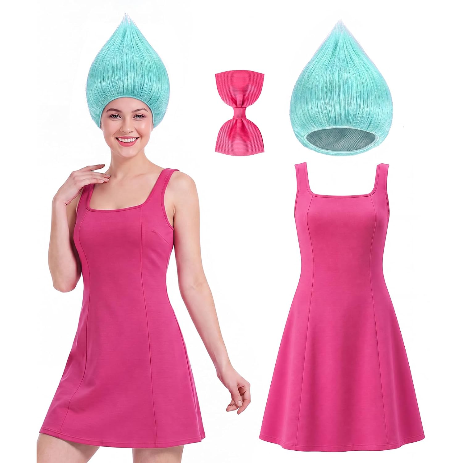 Junkin 3 Pcs Halloween Cute Costume Blue Wig Pink Dress Bow Hair Clip(M)