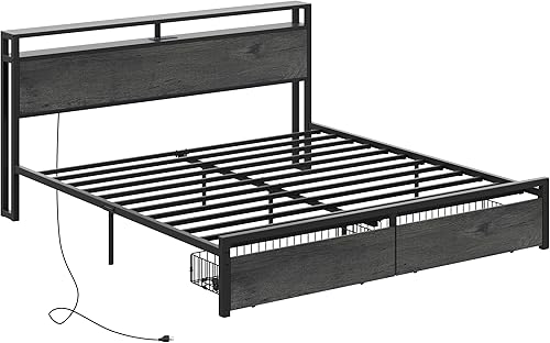 Miniatura 18 de LIKIMIO Base de cama Queen con cabecera de almacenamiento, cama de plataforma con cajones y estación de carga, no necesita somier, fácil montaje,