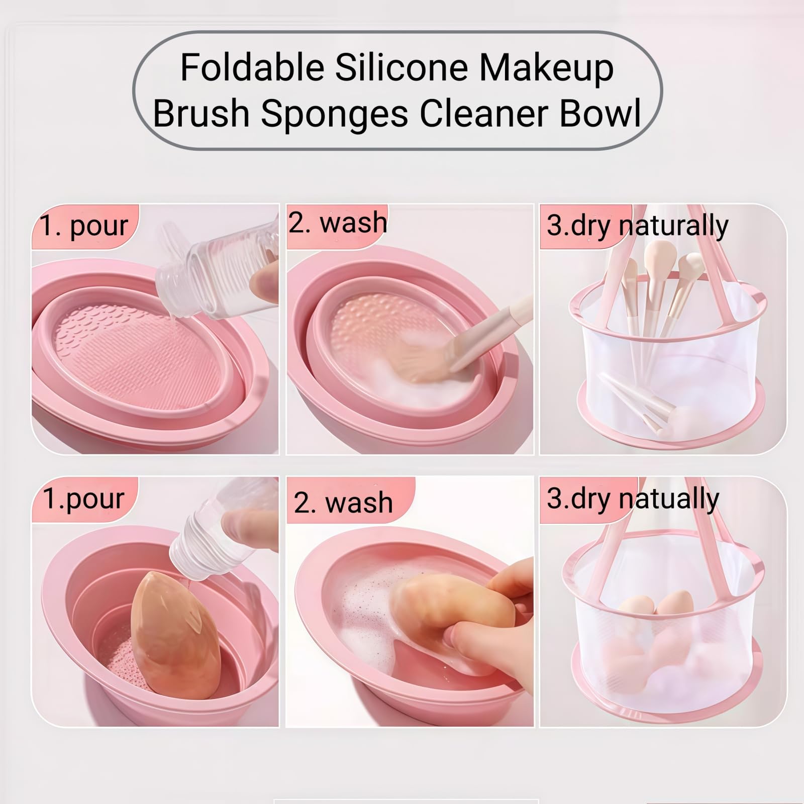 Tappetino in silicone per la pulizia dei pennelli da trucco, rosa, ciotola portatile pieghevole, spugnetta per frullatore di bellezza, strumento di lavaggio per pennelli da trucco con design a