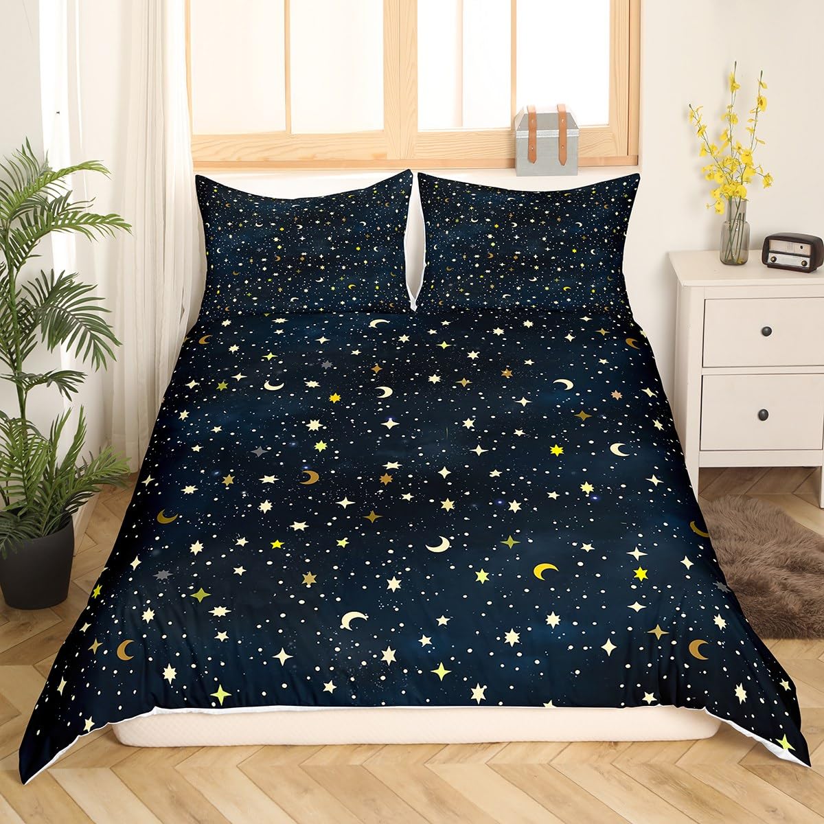 richhome Starry Galaxy Bedding Set Super King Size,Gold Moon Stars Universe Duvet Cover with 2 Pillowcase for Teens Adults,Navy Blue Outer Space 3 Pieces Decorative Comforter Cover — image 1