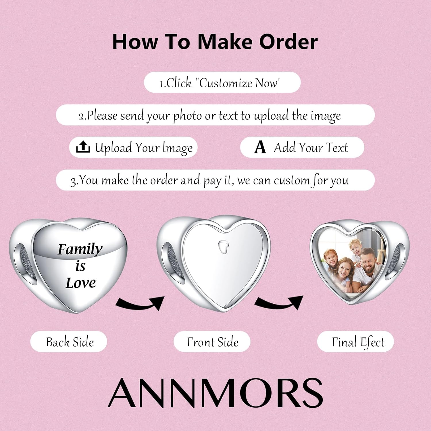 Annmors Personalized Custom Photo Charms 925 Sterling Silver Heart Shaped Engraved Bead for Bracelets Customize Picture Gift for Birthday Jewelry Fit Women Family - Image 3