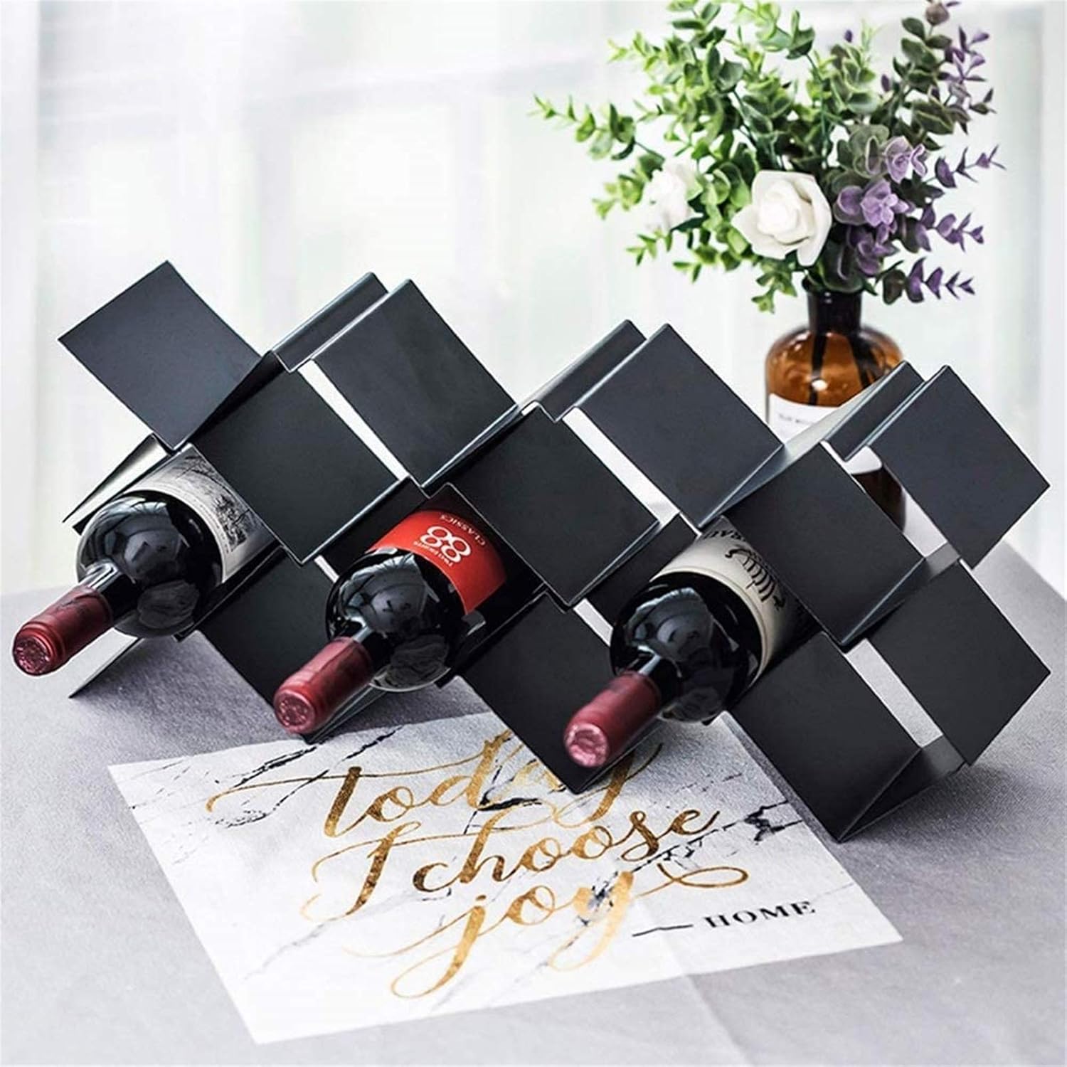 Freestanding Metal 9 Bottle Wine Shelf Rack Wine Holder (Color : Black Size : 58x12x6cm)