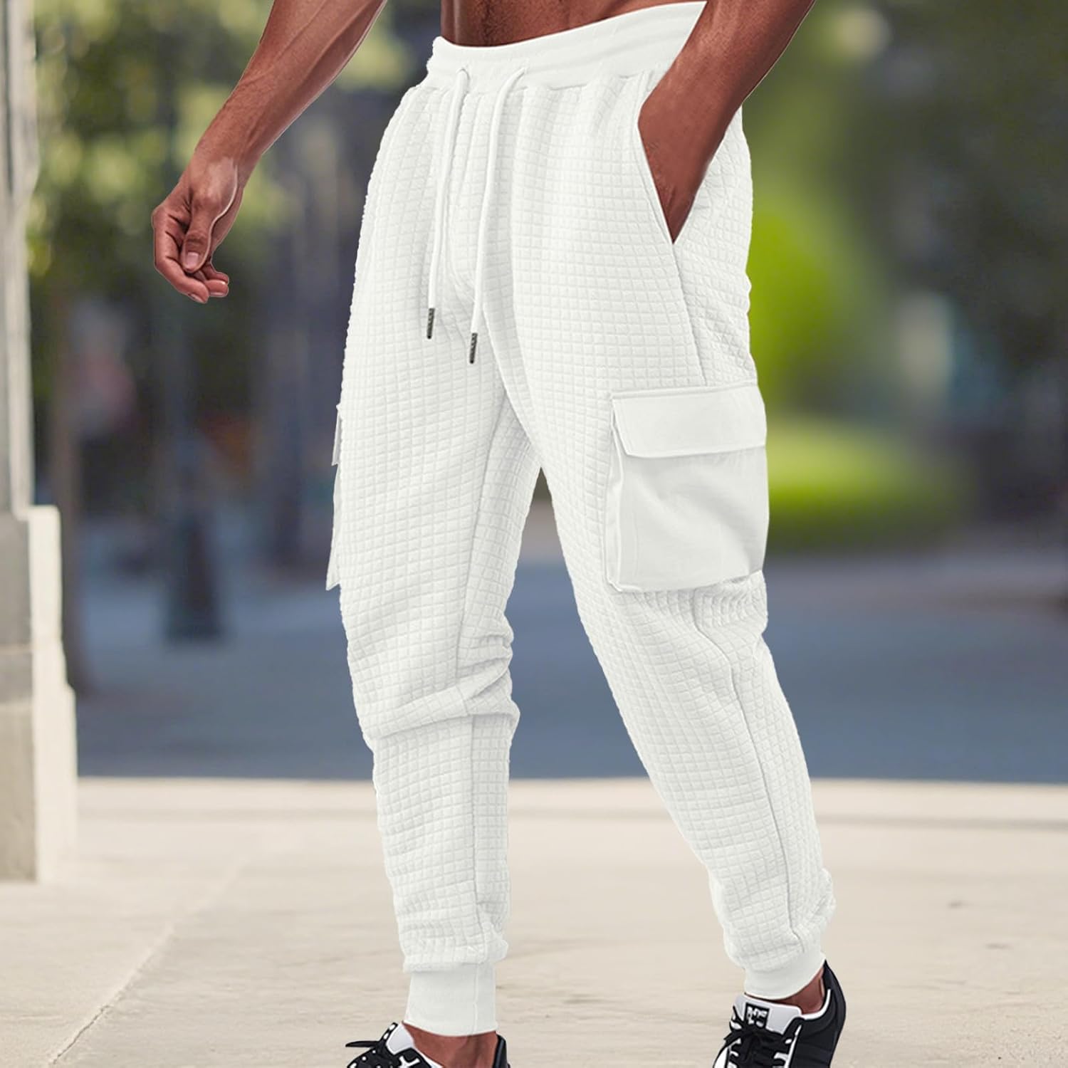 Waffle Sweatpants for Men Solid Color Street Hip Hop Loose Fit Casual Lounge Fall Drawstring Pants with Pockets - Image 2