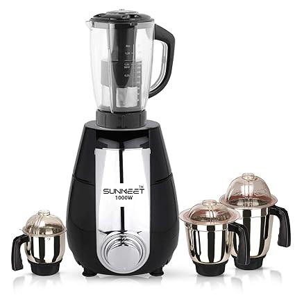 Sunmeet Black Color 1000Watts Mixer Juicer Grinder with 4 Jar (1 Juicer Jar with Filter, 1 Large Jar, 1 Medium Jar and 1 Chutney Jar) MAN20-SUN-726 Make in India 100% Copper