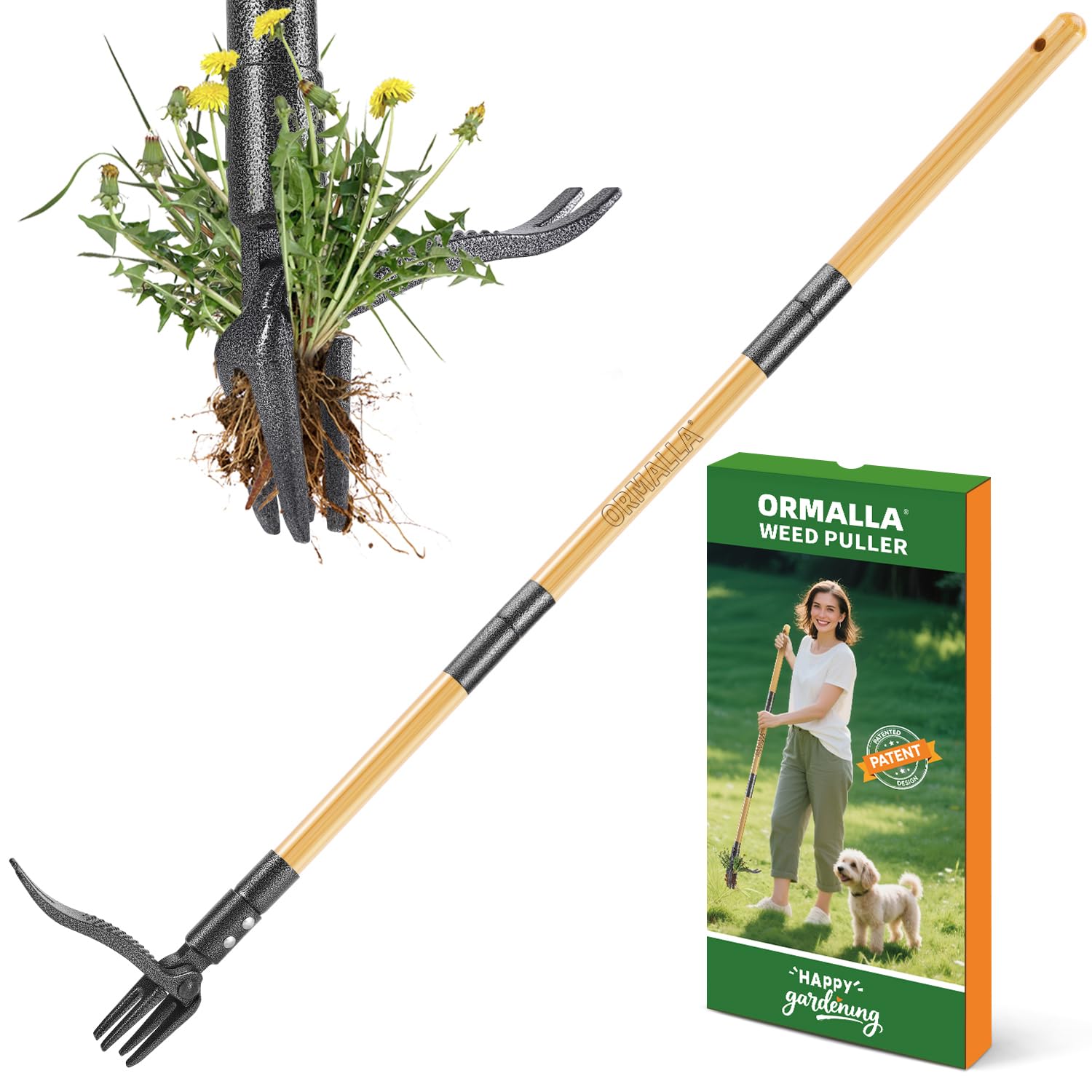 Désherbeur Manuel 1.1m Longueur, Arrache Pissenlit, Manche en Bambou Naturel et 4 Griffes en Métal, Désherbeur de Jardin Debout avec des Gants de Jardinage, Adapté Aux Animaux (Upgrade)