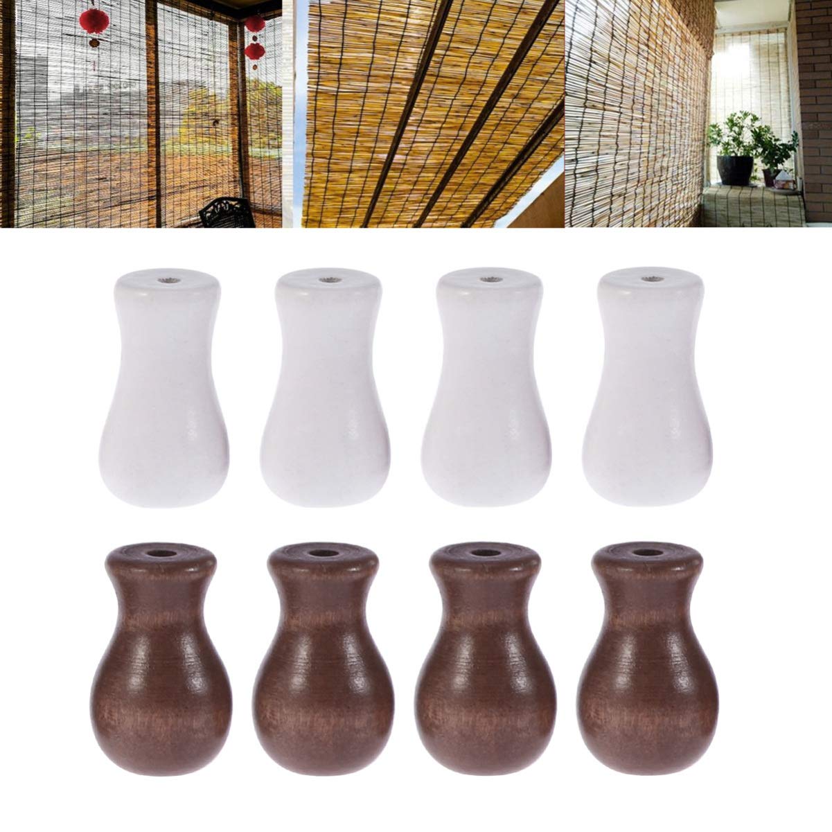 Set 6 Pomelli Con Cordino Per Tende - Nappa In Legno Con Tirante - Bianco