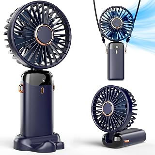 Koonie Portable Handheld Fan with Base: 8Hr Rechargeable Battery, Digital Display, 5 Speeds, 90° Adjustable Mini Fan for Travel & Home