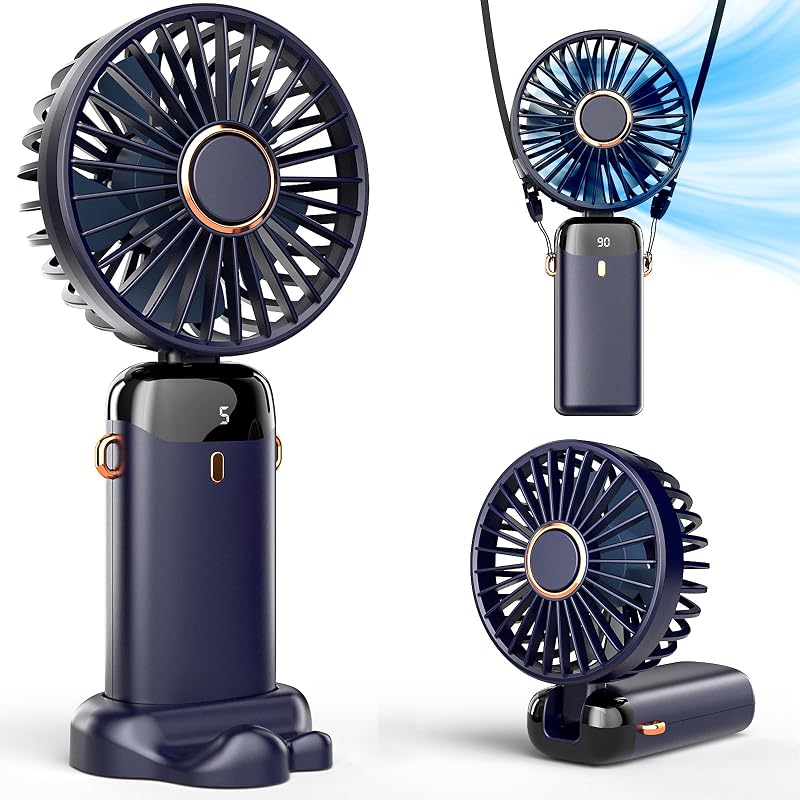 Koonie Handheld Fan, 5 Speeds, 8H Battery, 90° Tilt, Rechargeable, Blue | Digital display, 8-hour runtime, 90° adjustable tilt, battery operated, portable, for indoor & outdoor use