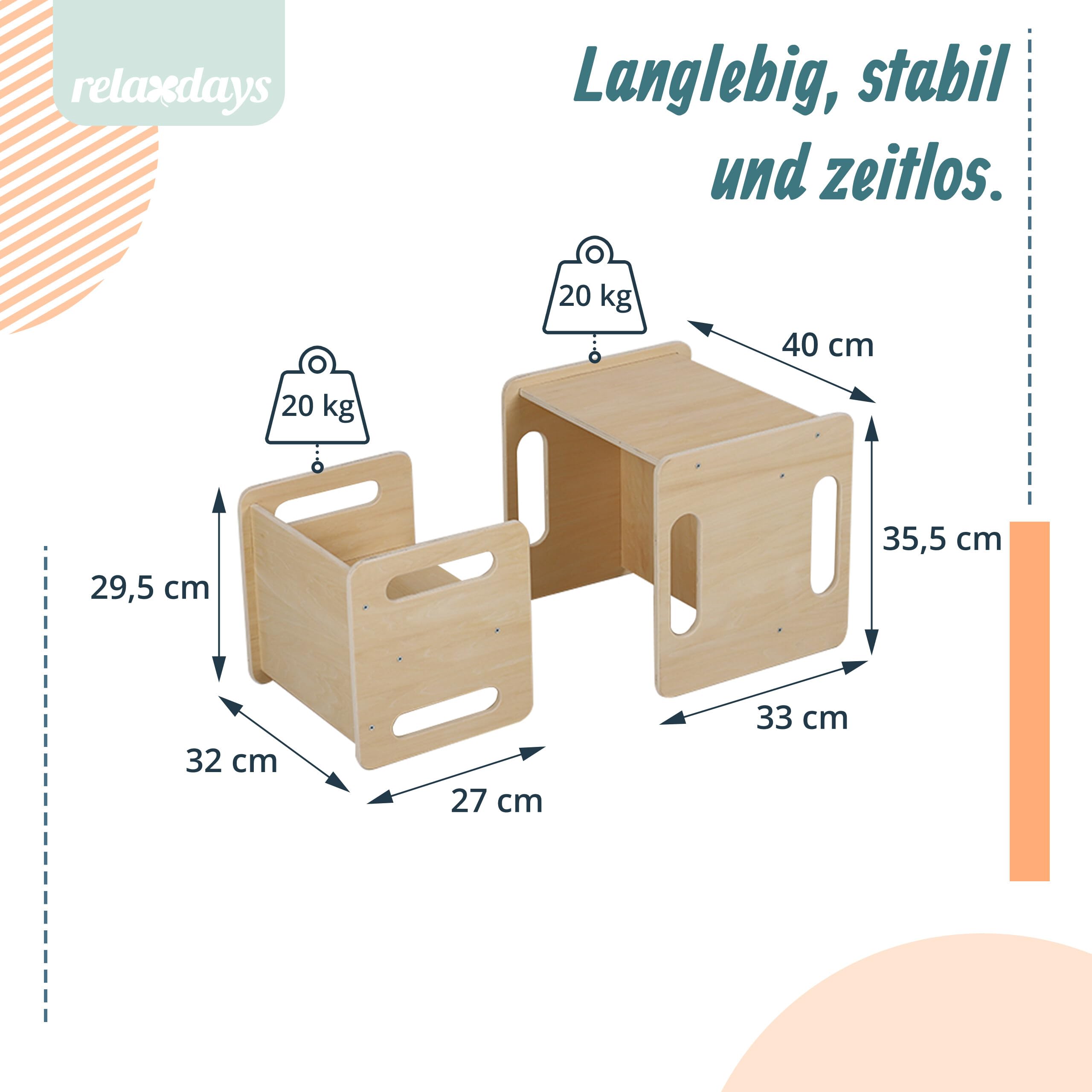 Relaxdays Kindersitzgruppe, 2-teiliges Set, Kindertisch mit Stuhl, Holz, Montessori Sitzgruppe, Kinderzimmer, Natur