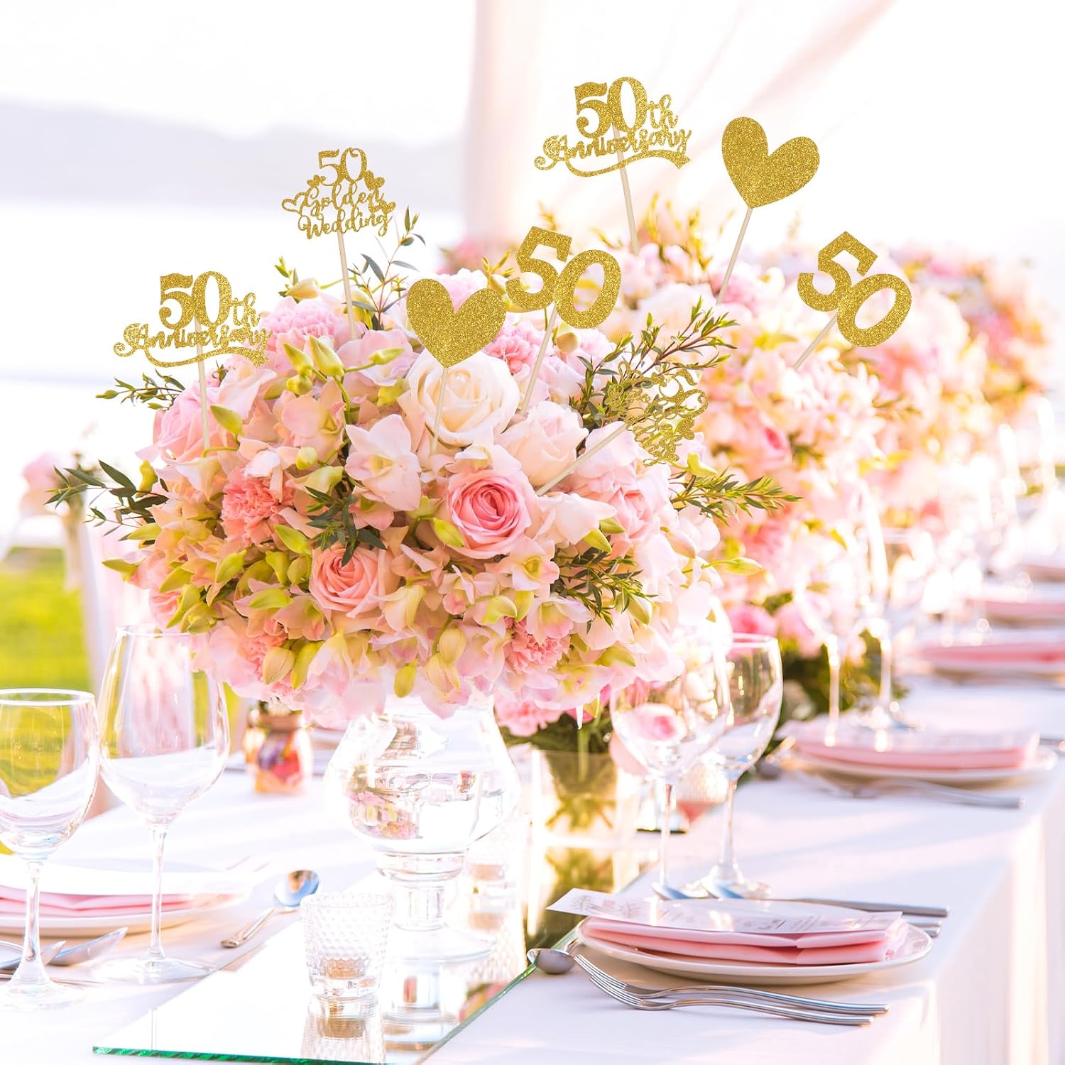 36 Pcs Golden 50th Anniversary Decorations,Ymapinc Gold Centerpieces for Table,Happy 50th Anniversary Cake Topper Cheers to 50 Years Table Centerpieces, Party Decorations for Cake Supplies