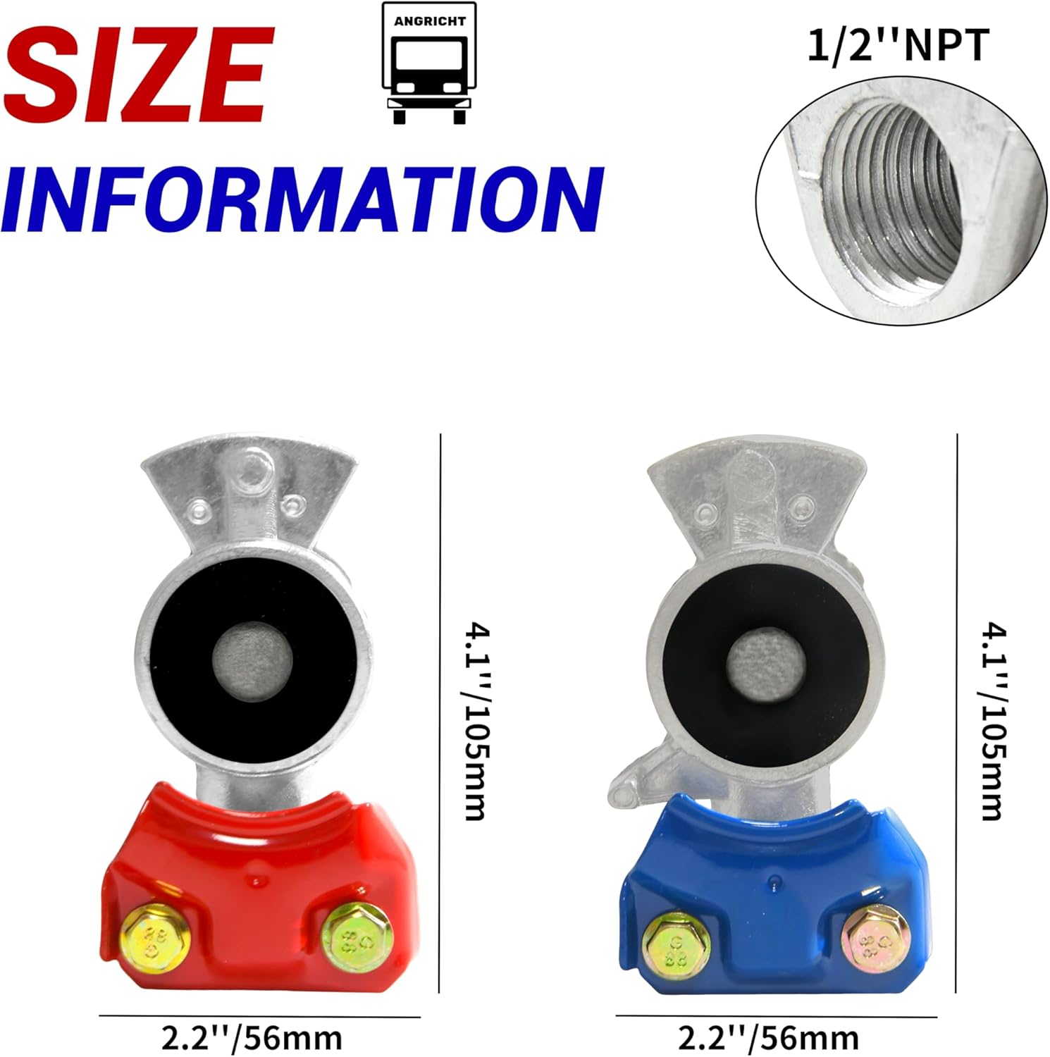 Red and Blue Air Brake Glad Hands ANGRICHR for Semi-Trailers and Trucks, Service and Emergency Lines (2, Aluminum Couplers)