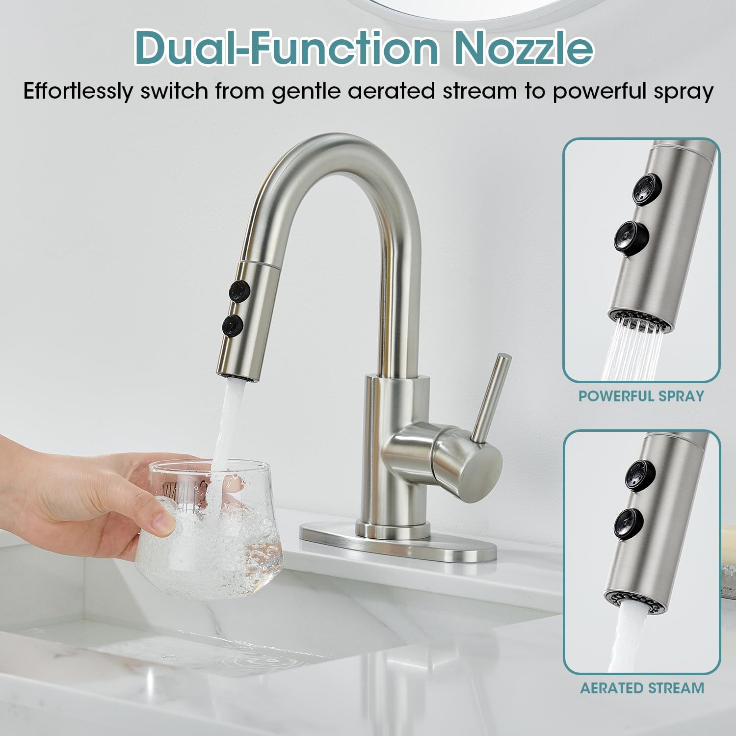 Brushed Nickel Bathroom Faucet with Pull Down Sprayer, Single Hole Bathroom Faucet with Pop-up Drain and Flexible Hoses, 1 Handle Sink Faucets for Vanity, Modern Farmhouse, Vanity, Restroom