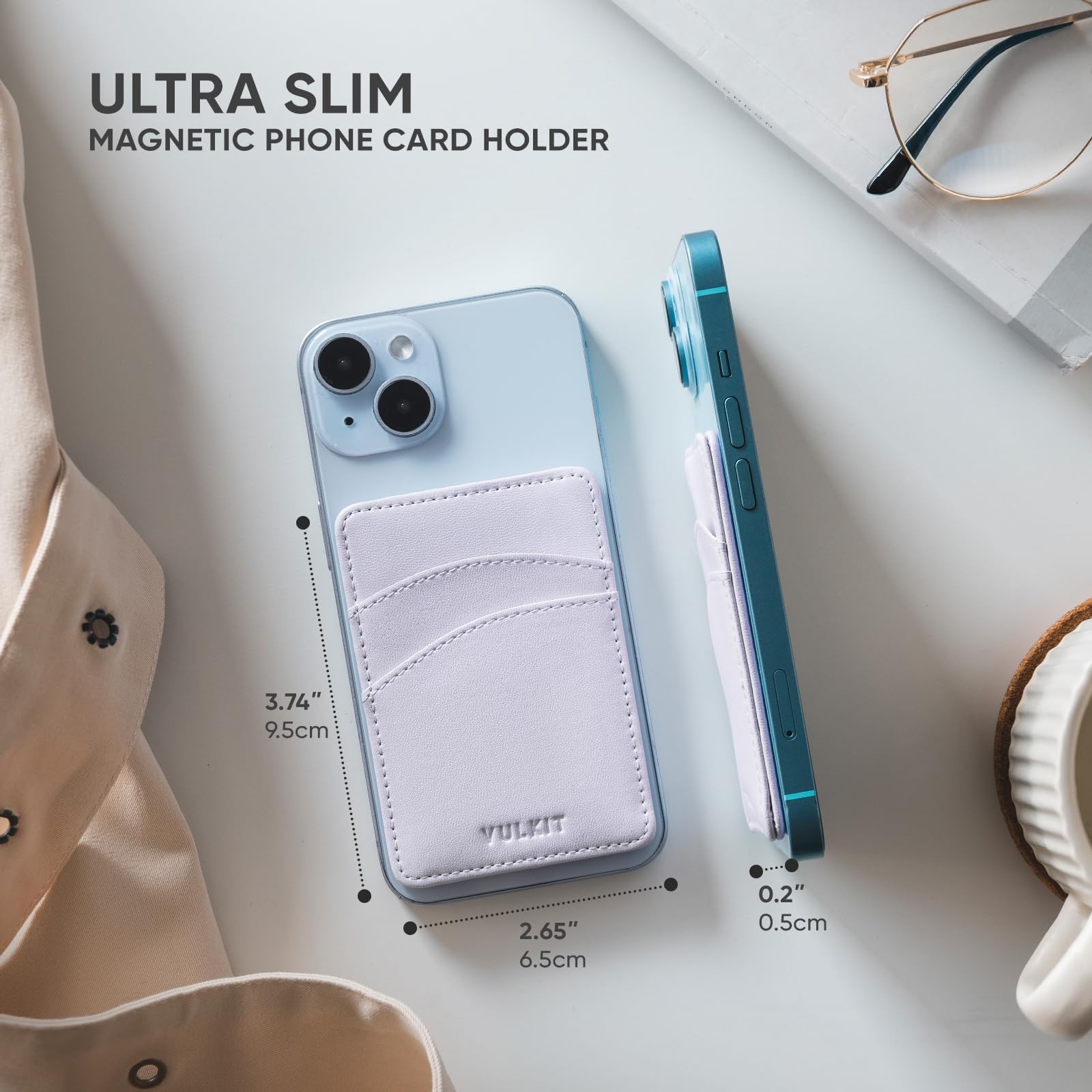 VULKIT Magnetischer Kartenhalter für Handy, dünn, aus Leder, für Damen, Kreditkartenetui mit RFID-Blockierung, Magsafe, Lila, Klassisch
