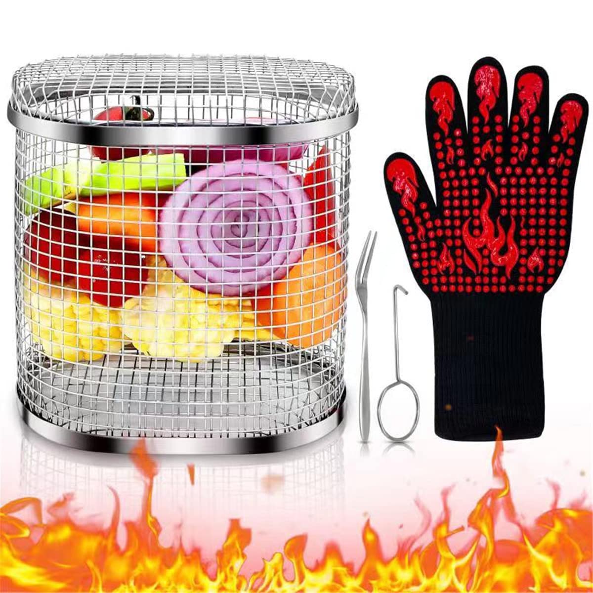 2 Pcs Rolling Grill Basket - Stainless Steel Camping BBQ Rack,BBQ Vegetable Slices Basket,Grill Basket Camping Grill for Vegetables, Fish and French Fries. (2)