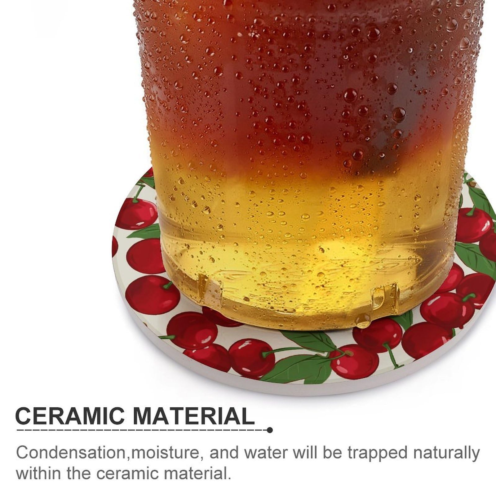 Dessous de verre en forme de cerises rouges avec support pour table basse, dessous de verre en céramique avec base en liège, dessous de verre en céramique pour boissons froides ou chaudes, 10,4 cm
