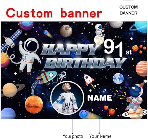 Miniatura 2 de Cartel de decoración de cumpleaños número 91 con tema espacial personalizado, pancarta de tela personalizada para suministros de fiesta