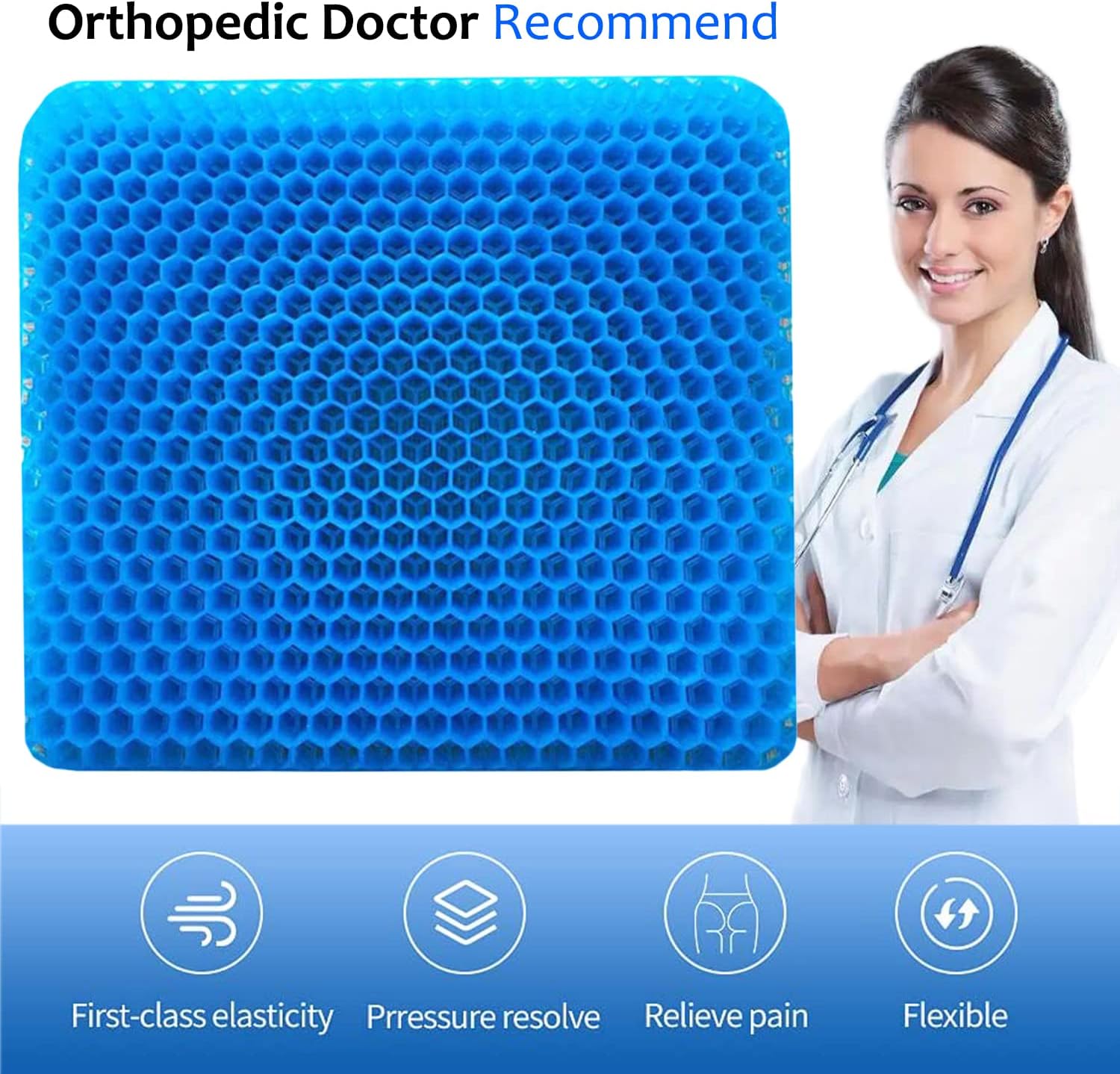 Gel Seat Cushion for Long Sitting, Extra Thick Gel Cushion for Wheelchair Soft Chair Pads for Office Home Chairs Car Seats Long Trips - Back Sciatica Hip Tailbone Pain Relief Cushion (Blue)