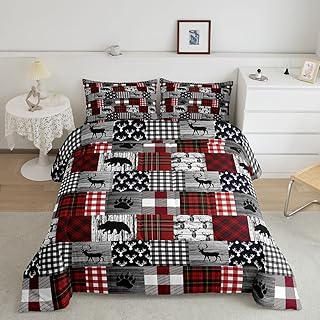 Erosebridal Buffalo Plaid Bedding Set for Boys Girls,Woodland Elk Deer ComforterÂ Set Vintage Bear Moose Duvet Insert King,Buffalo Plaid Farm Animal Quilt Rustic Patchwork Duvet Insert,Red Black Grey