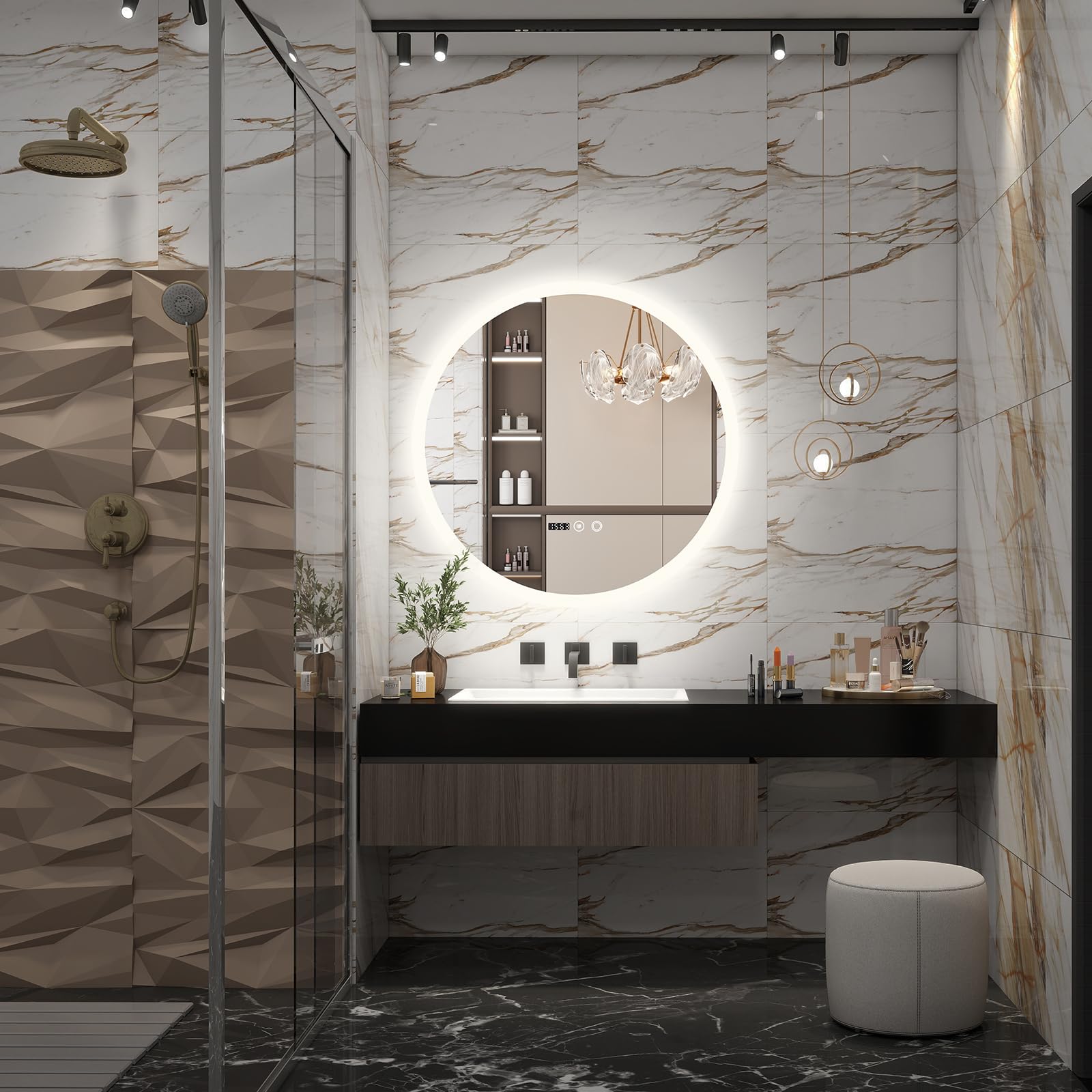 YU YUSING Specchio Bagno Rotondo con Luce LED 70cm, Specchio da Parete Retroilluminato Bagno, 3 Colori di Luce, Luminosità Regolabili, Interruttore Touch, Antiappannamento, Display Dell'Ora, IP44