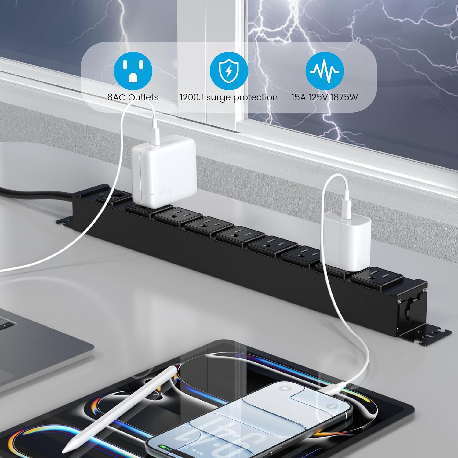 HHSOET Metal 360° Rotating Mountable Power Strip, 8 Outlet Surge Protector Power Strip, Heavy Duty Wall Mount Surge Protector with Switch,1200J,15A 125V 1875W, 10ft Power Cord.(Black)