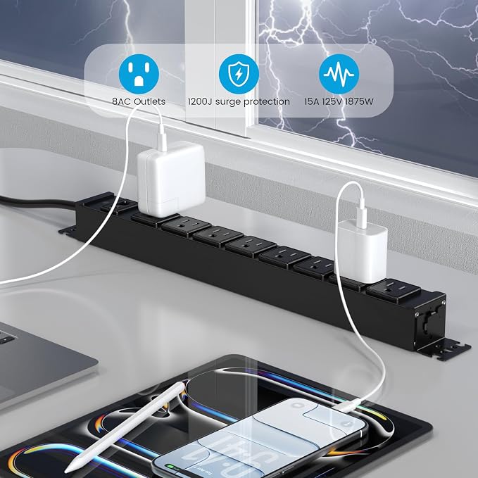 Protector eléctrico contra sobretensiones HHSOET de 8 tomas, 1200 J, cable de 1,83 m, negro, para garaje, taller, oficina y hogar, 15 A, 125 V, 1875 W, con interruptor y montaje en pared miniatura 3