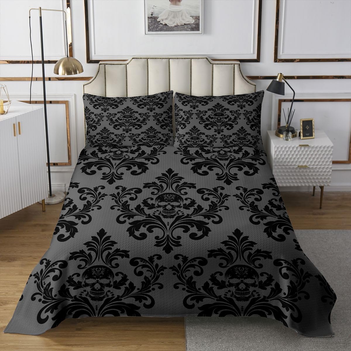 Gotycka czaszka, narzuta na poduszkę, egzotyczna antyczna, wiktoriańska, barokowa, dla dzieci, nastolatków, w stylu boho, czarny adamaszek, kwiatowa, zestaw pościeli, rozmiar S