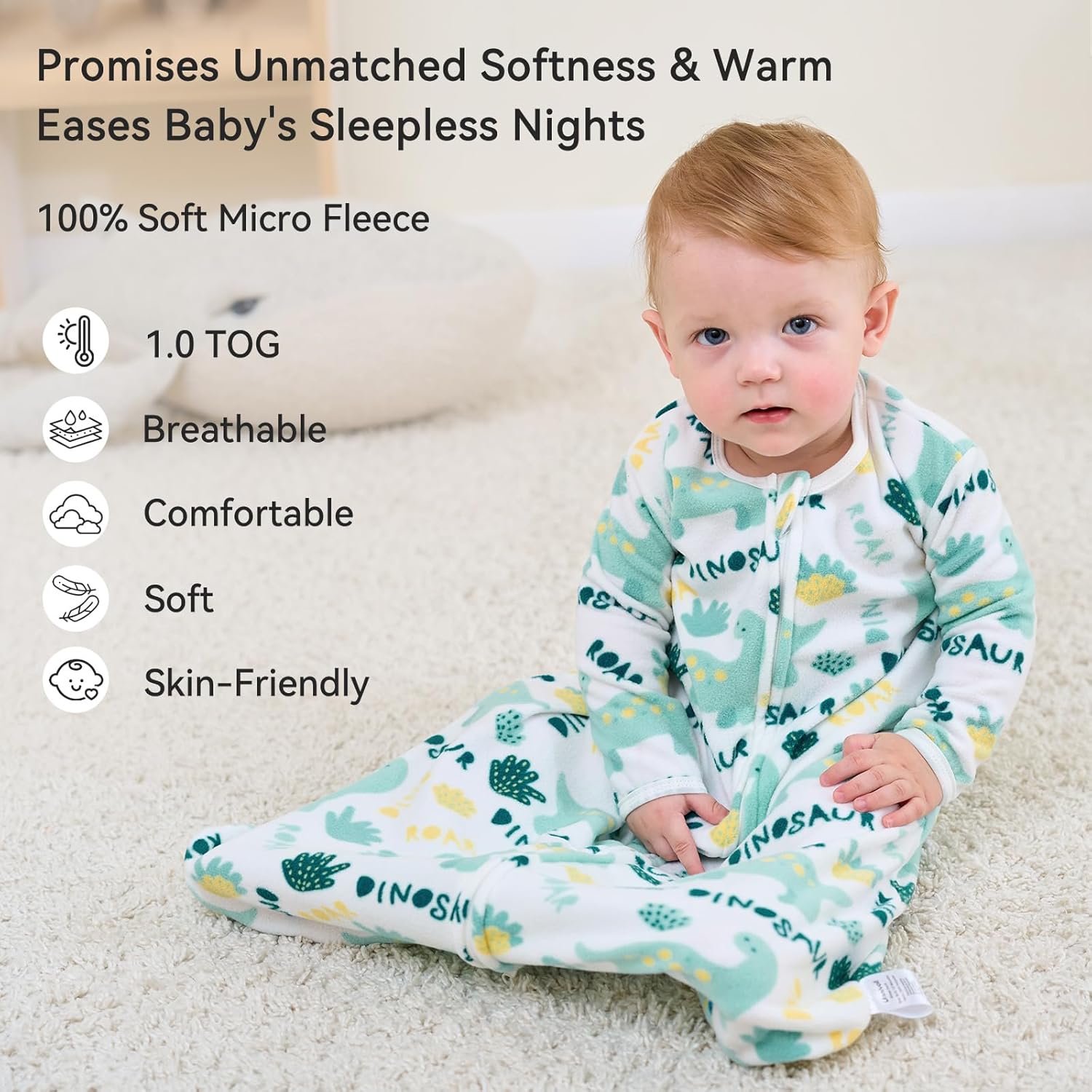Fleece Baby Sleep Sack 0-6 Months Long Sleeve 1.0 Tog Baby Wearable Blanket Microfleece Sleeping Sack with 2-Way Zipper for Newborn Infant Green & White Dinosaur - Image 2