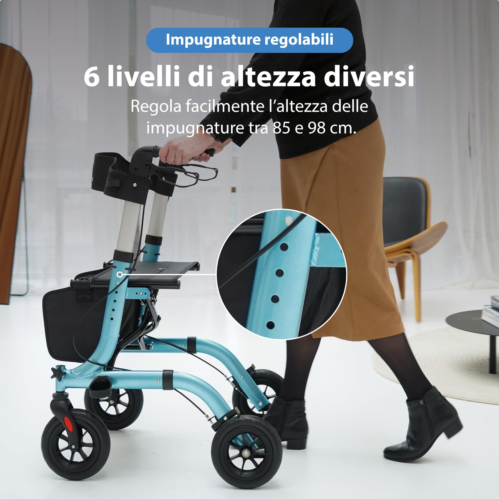 Safe Age Deambulatore con Seduta Ultraleggero - Girello Pieghevole per Anziani per Uso Interno ed Esterno con 4 Ruote, Schienale e Porta Bastone