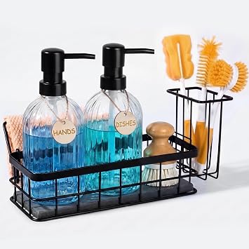 Kitchen Soap Dispenser Set, Hand and Dish Soap Dispenser Set with Sponge Holder, Dish Soap Dispenser with Instant Dry Tray for Kitchen Organizer, 15 fl oz Clear Glass Soap Dispenser with Pump