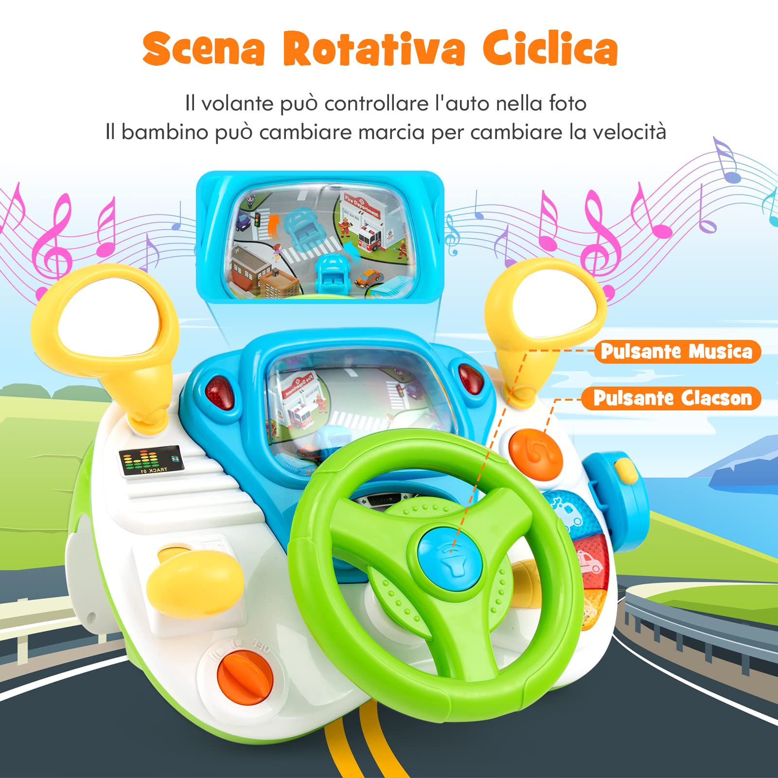 COSTWAY Volante per Bambini Educativa, Simulazione Volante di Guida Giocattolo con Sgabello, Luce Musica, Giocattoli Musicali per la Prima Educazione, Regalo per Bambini