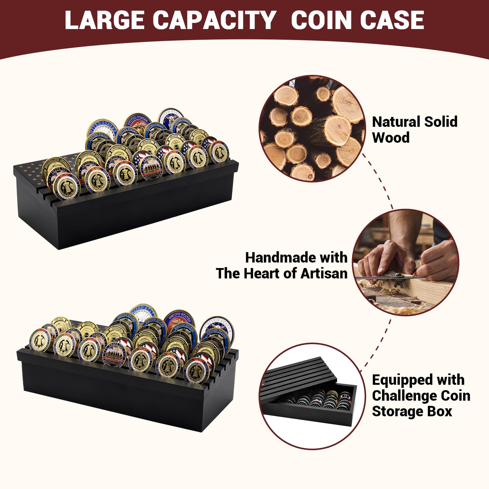 LIUYALO Large Capacity Wooden Challenge Coin Display Case with Removable Lid, Wooden Army Collectible Coins Holder Rack Case 6 Row Display American Flag - Black