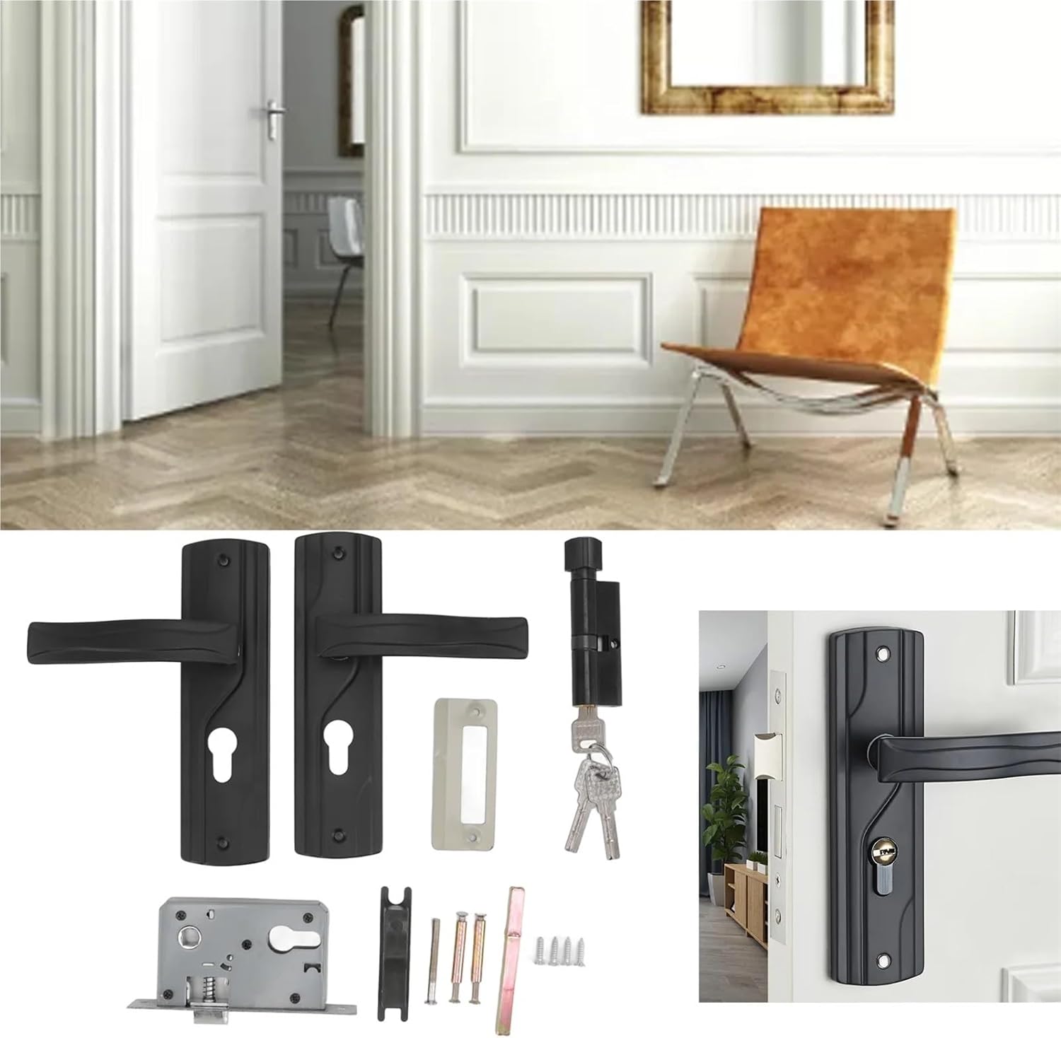 Keyed Entry Lock Door Handle Manganese Steel Silent Bearing Universal Lever Set with Keys for Home Bedroom Black